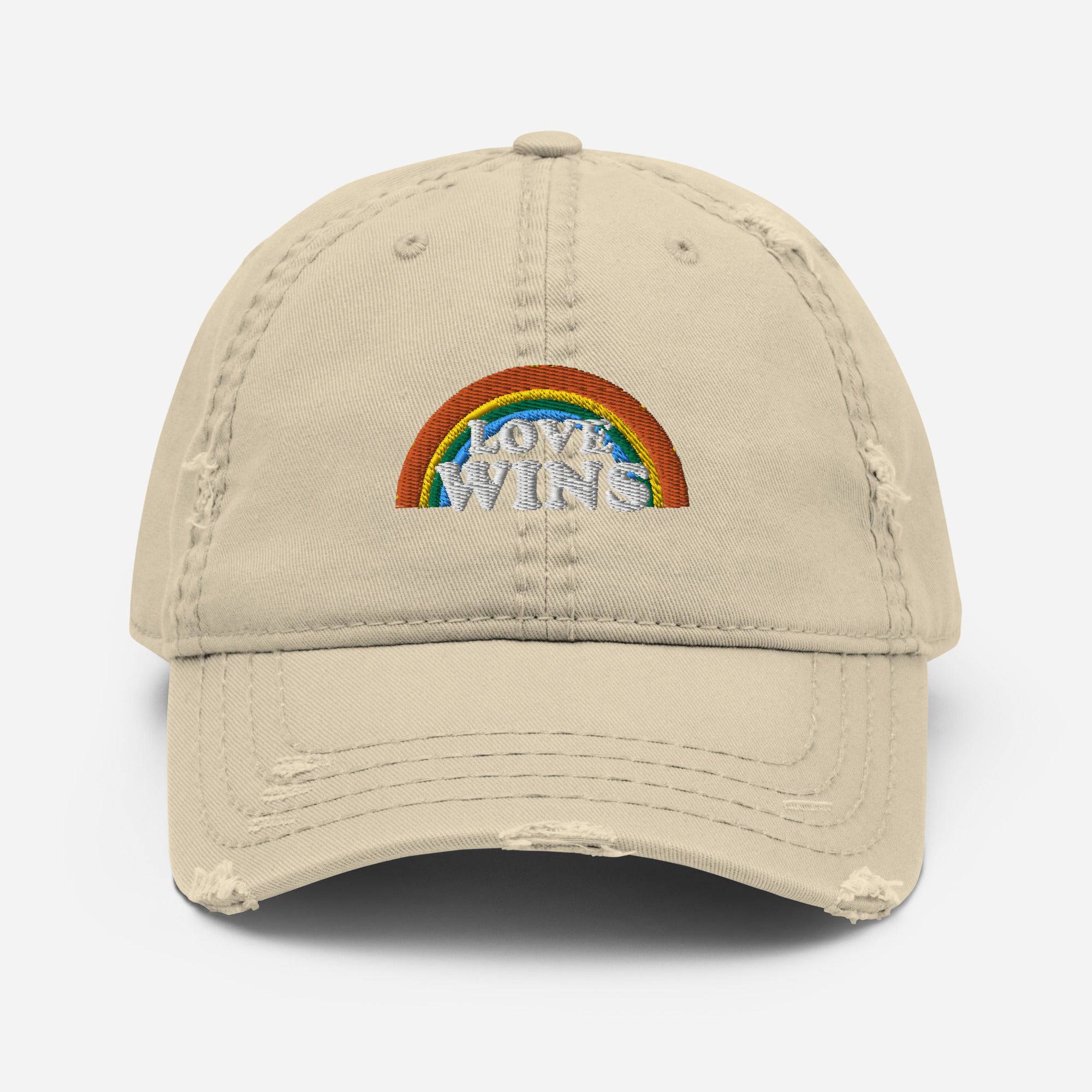 Love Wins distressed embroidered dad hat, view 10 — Rose Gold Co