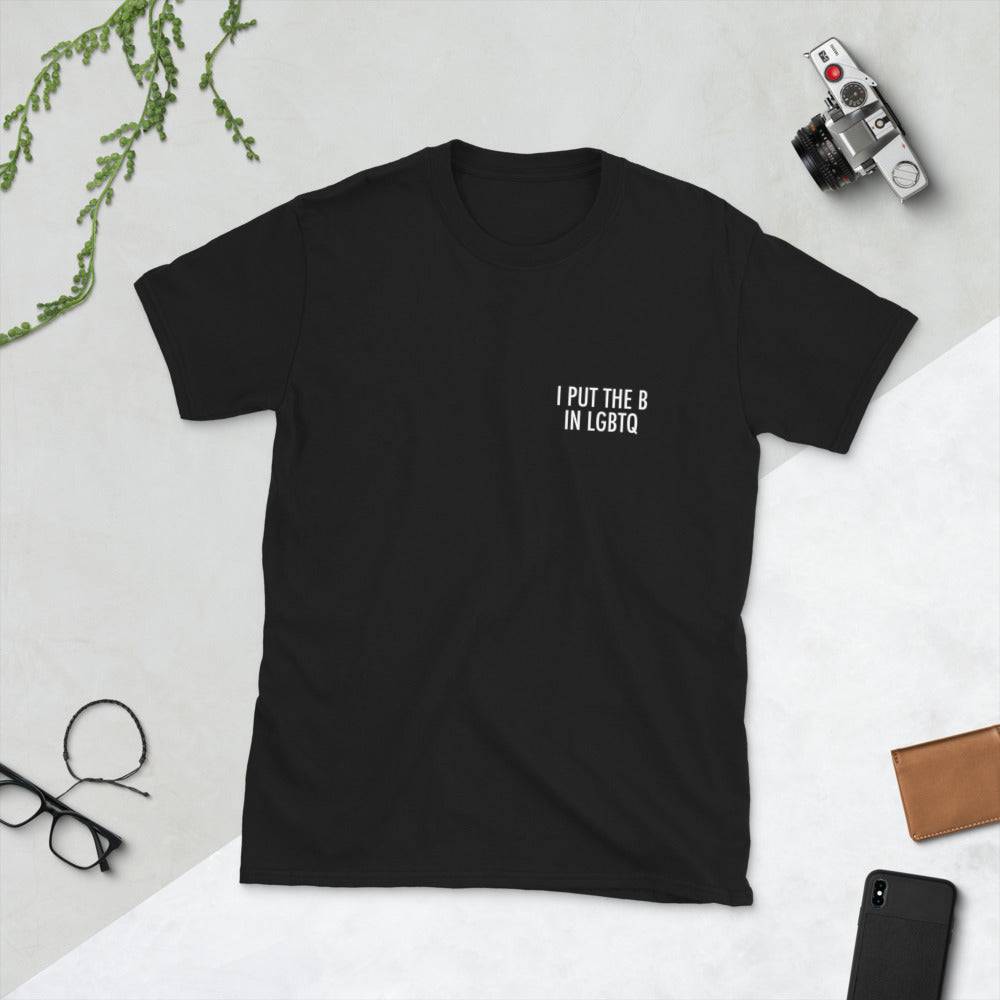 I Put the B in LGBTQ bisexual pocket tee, view 3 — Rose Gold Co