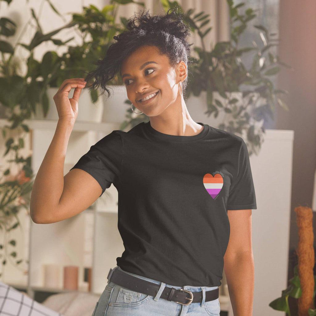 Lesbian pride flag heart tee, view 2 — Rose Gold Co