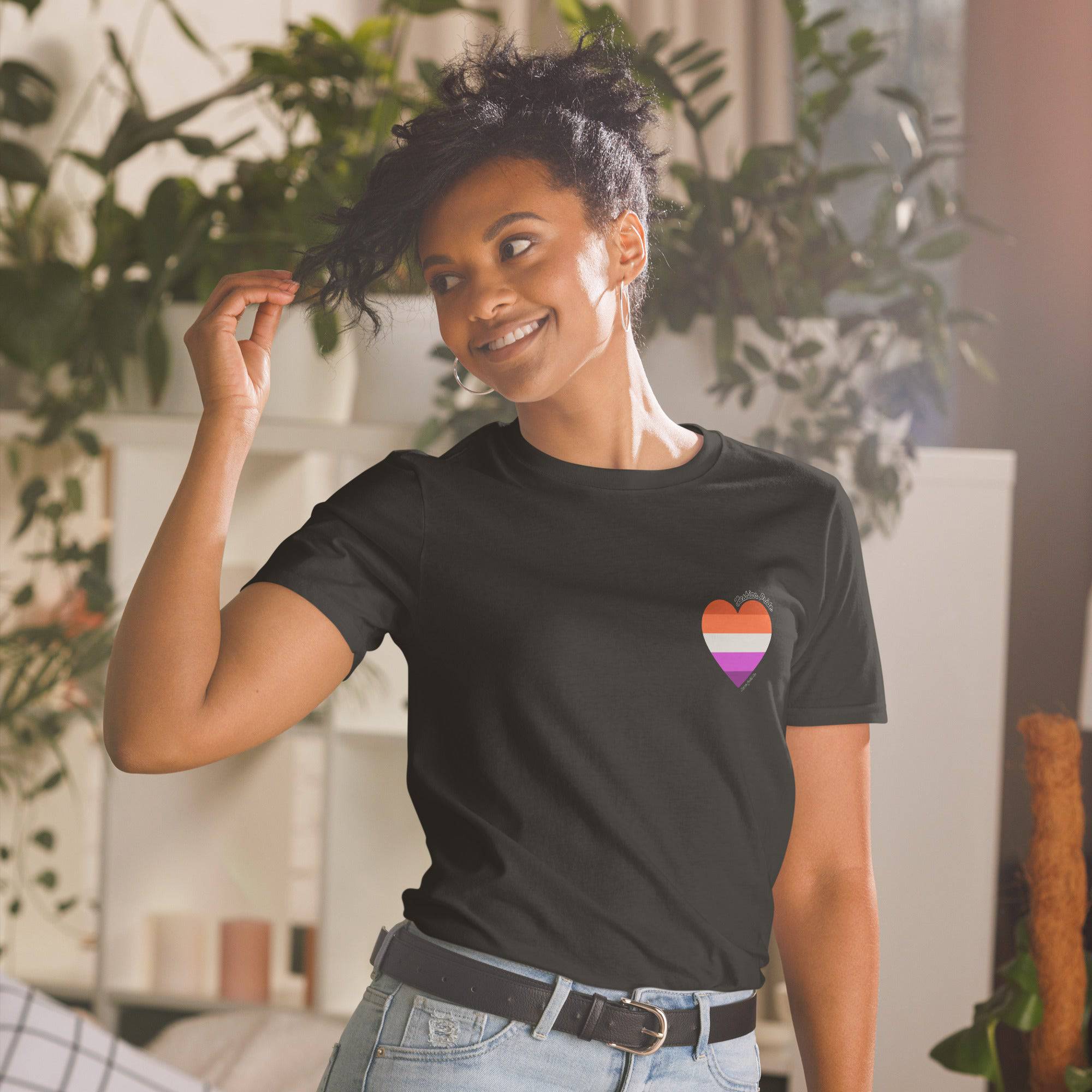 Lesbian pride flag heart tee, view 2 — Rose Gold Co