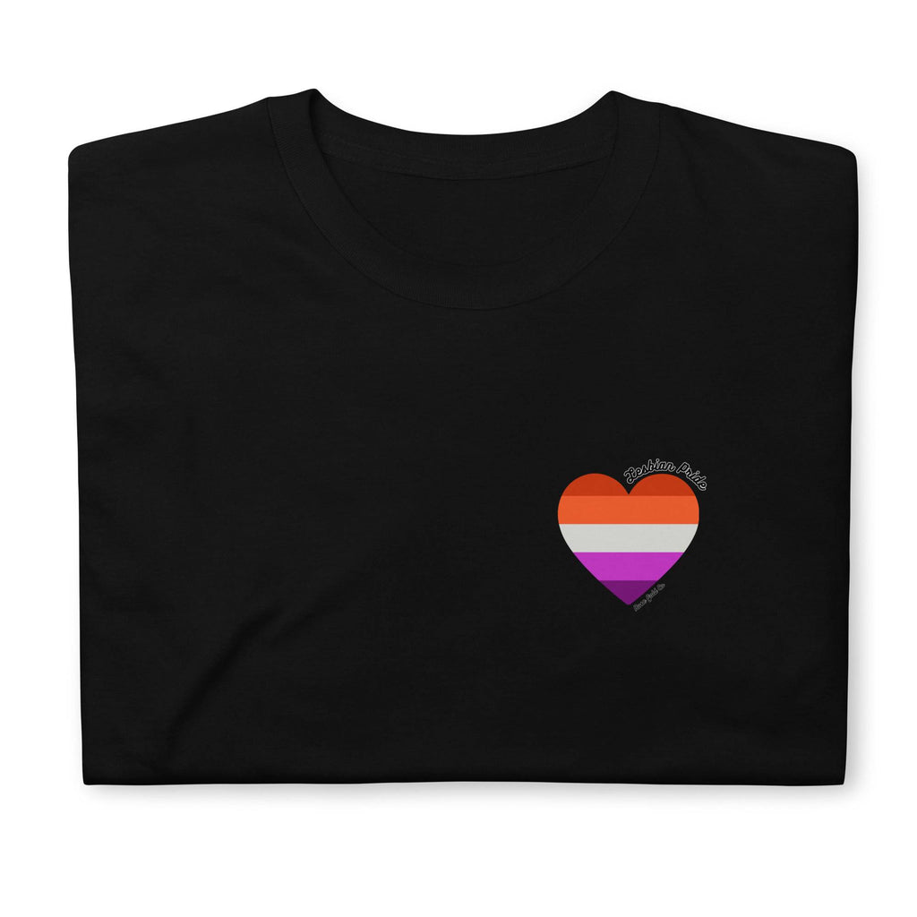 Lesbian pride flag heart tee, front — Rose Gold Co