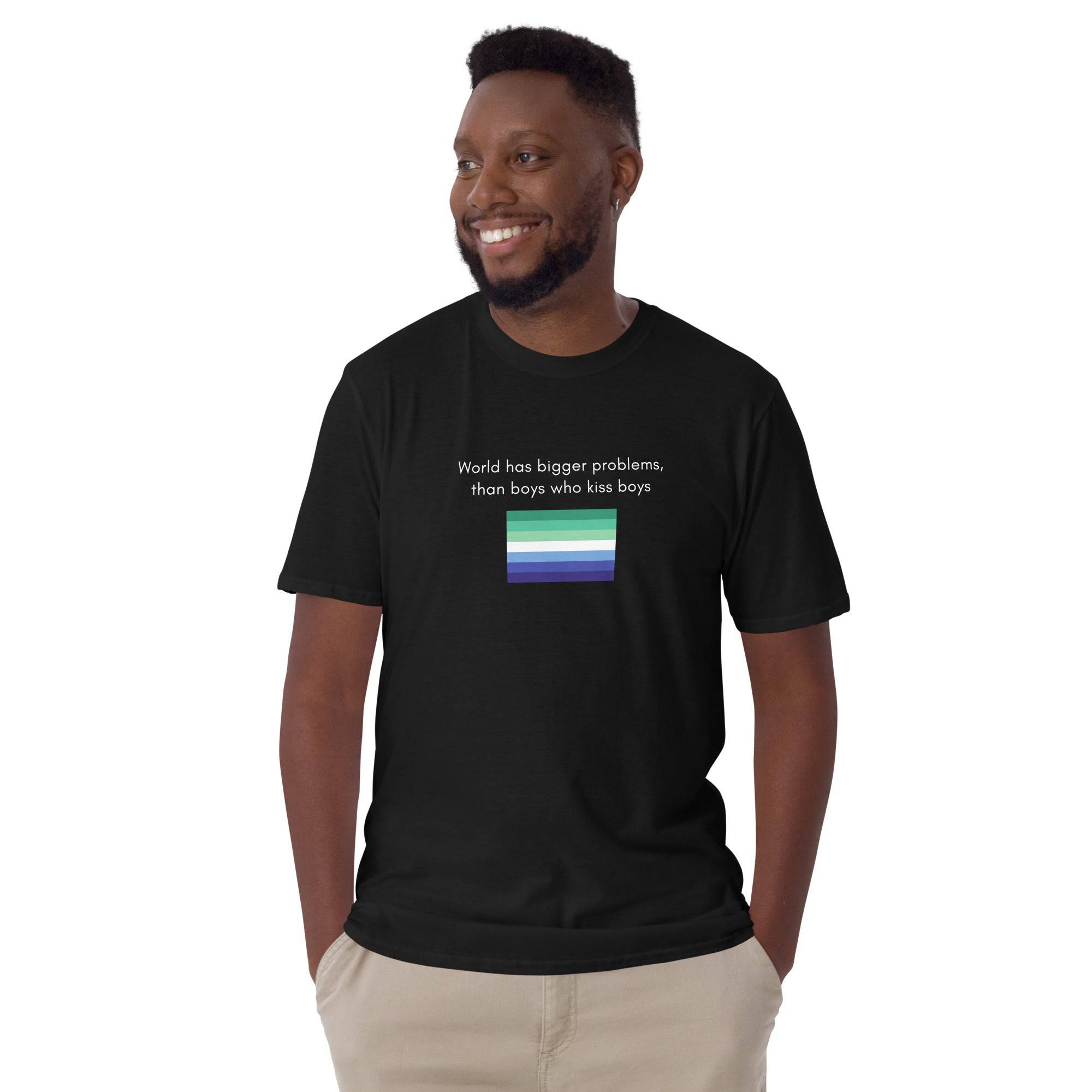 The World Has Bigger Problems MLM pride tee, view 2 — Rose Gold Co