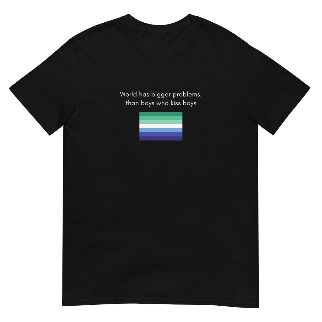 The World Has Bigger Problems MLM pride tee, view 3 — Rose Gold Co