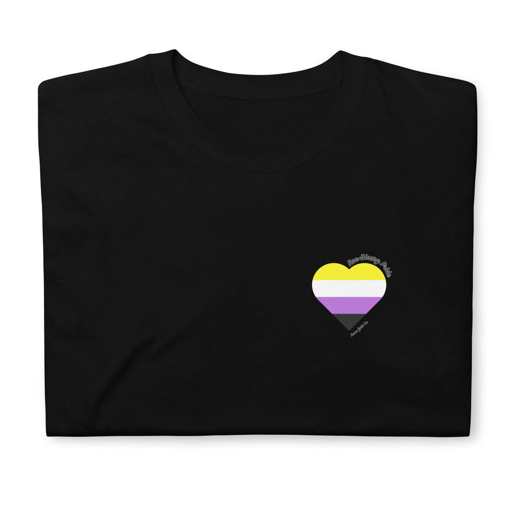 Non-binary pride flag heart tee, front — Rose Gold Co