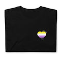 Non-binary pride flag heart tee, front — Rose Gold Co
