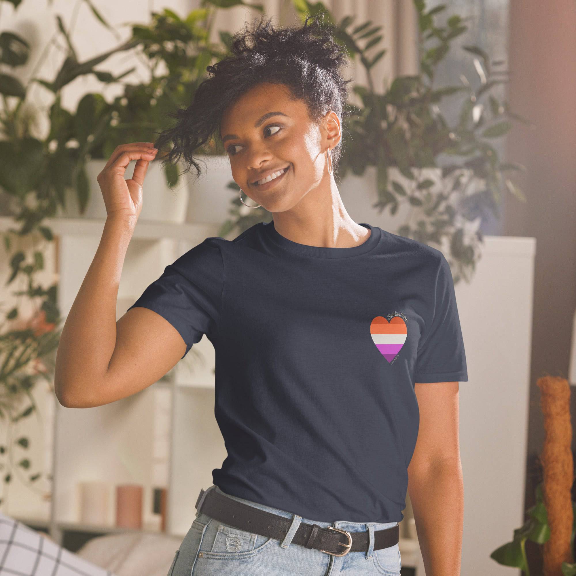 Lesbian pride flag heart tee, view 5 — Rose Gold Co