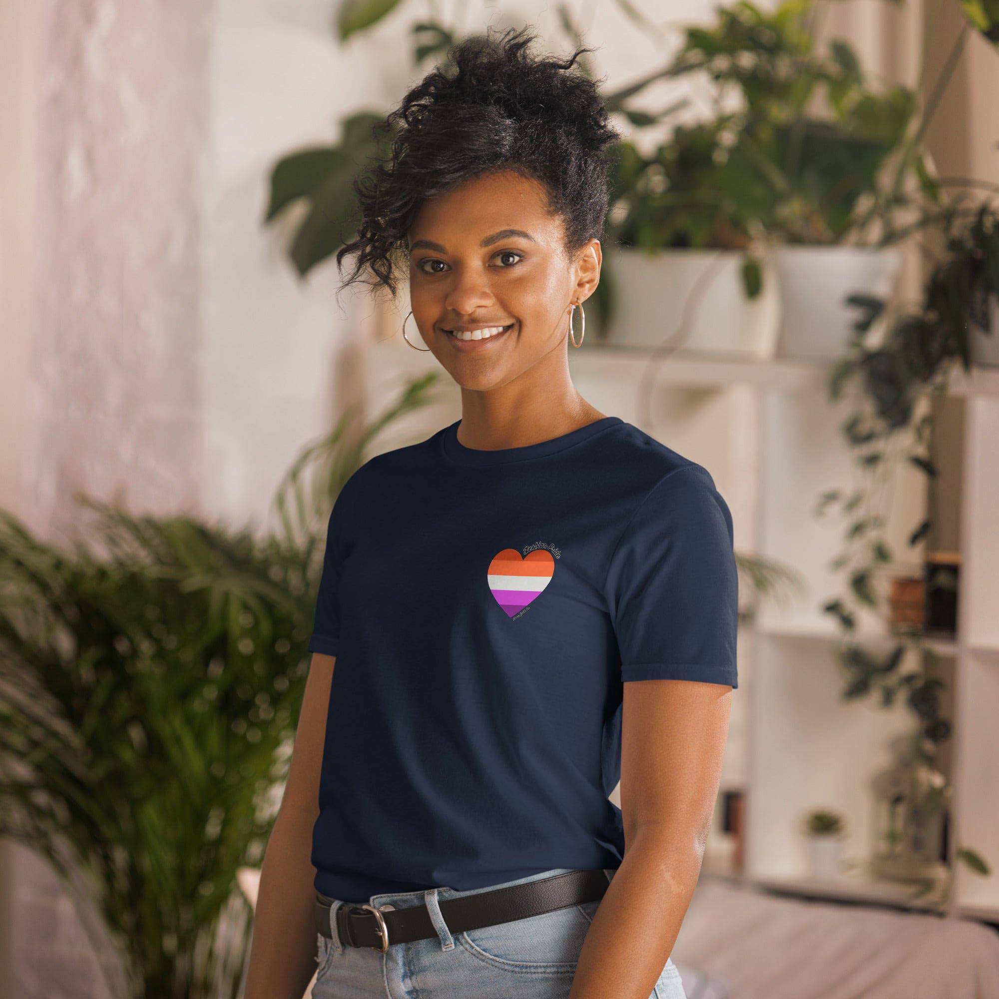 Lesbian pride flag heart tee, view 6 — Rose Gold Co