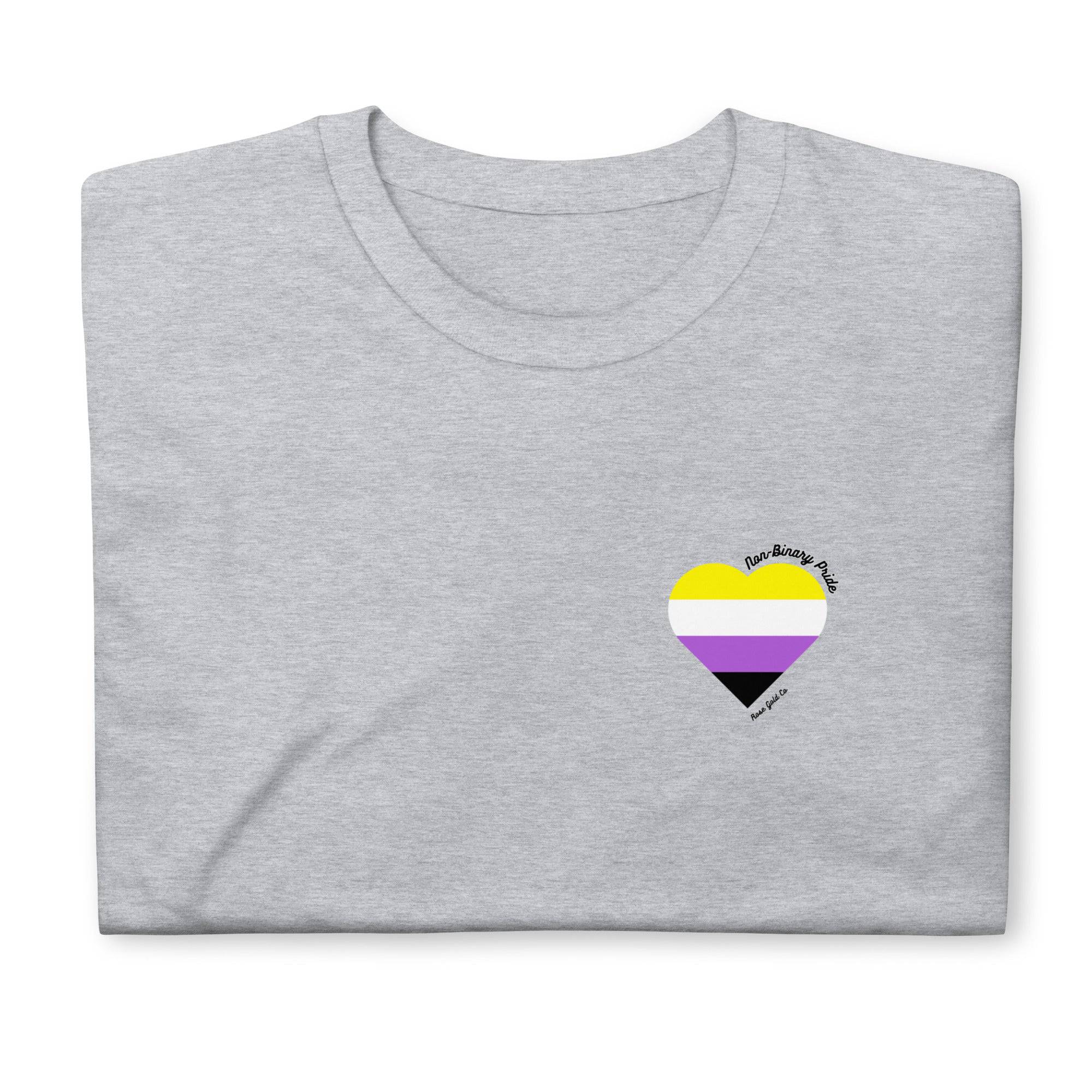 Non-binary pride flag heart tee, view 7 — Rose Gold Co