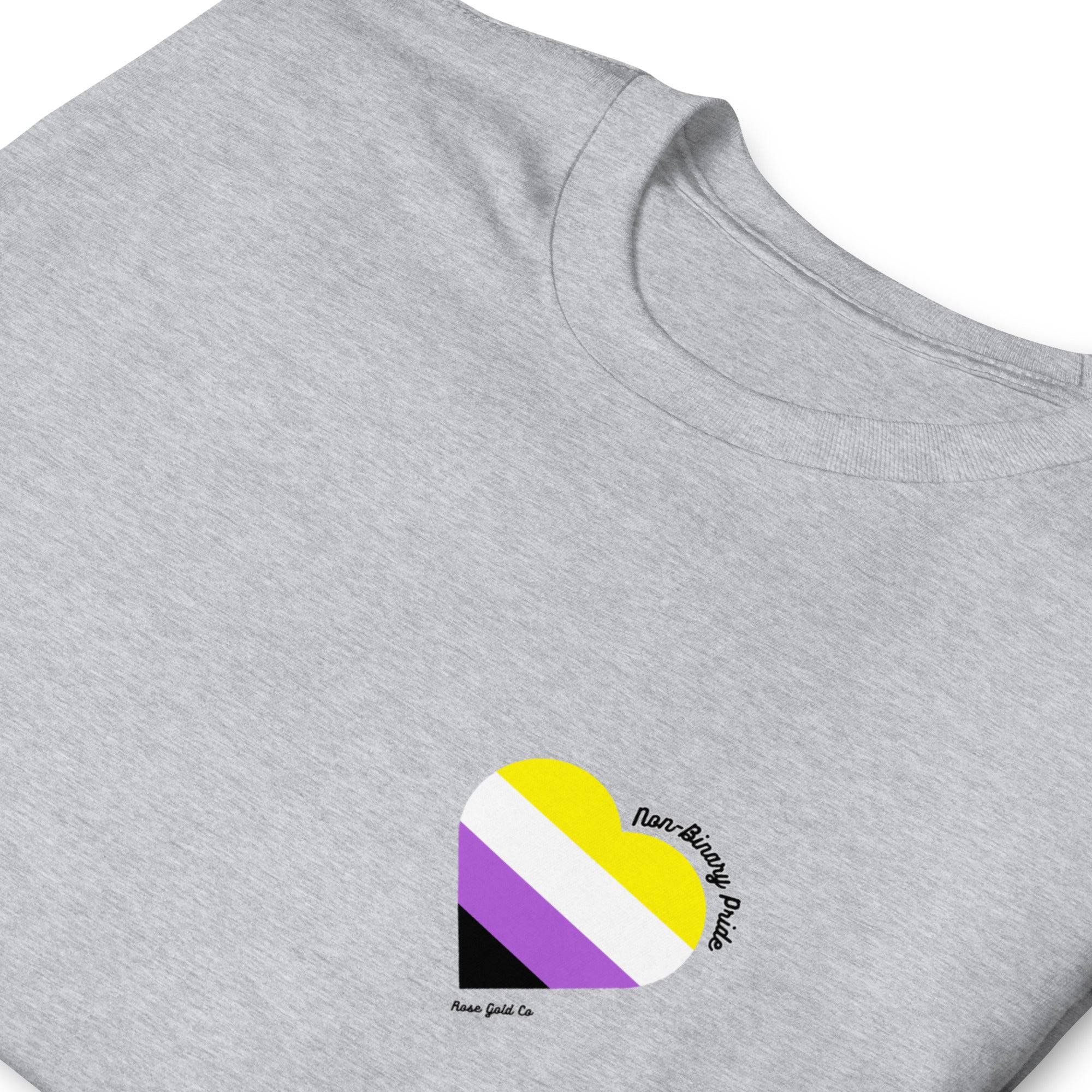 Non-binary pride flag heart tee, view 8 — Rose Gold Co