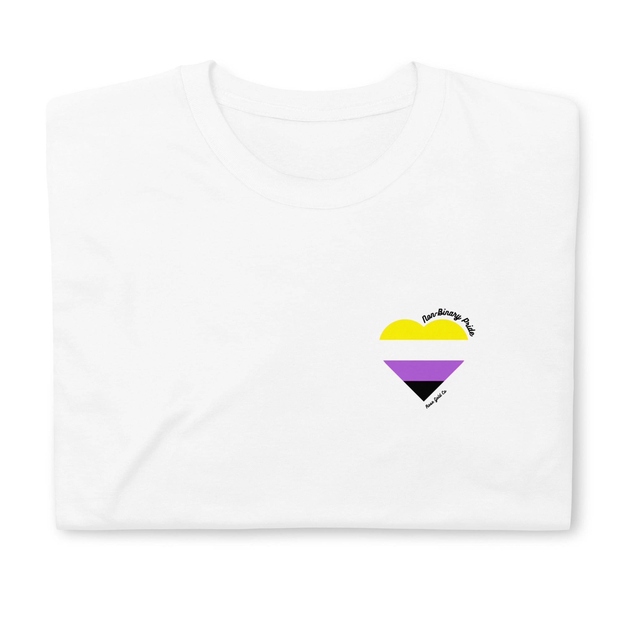 Non-binary pride flag heart tee, view 9 — Rose Gold Co