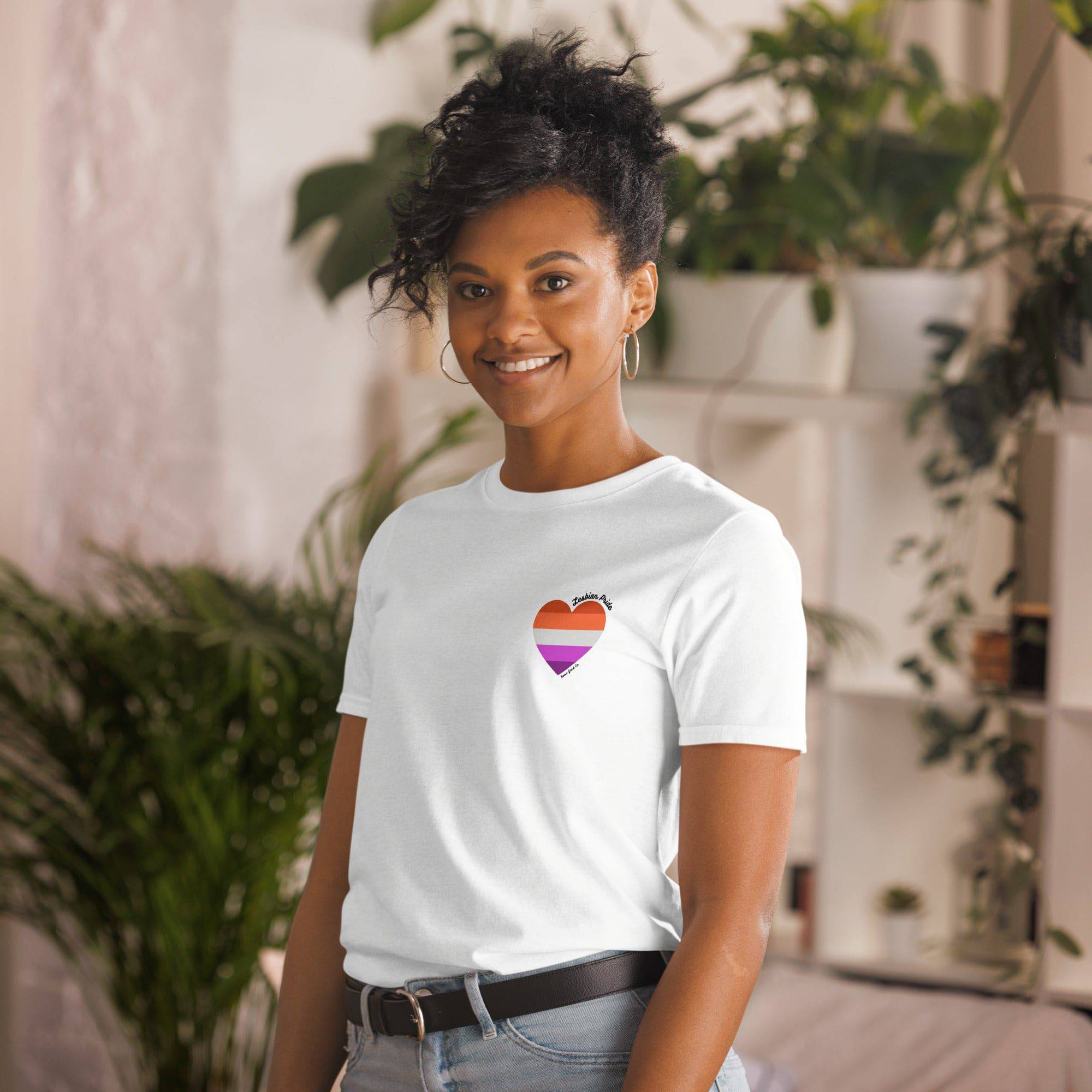 Lesbian pride flag heart tee, view 8 — Rose Gold Co