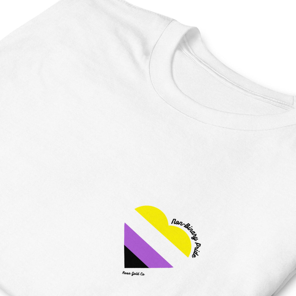 Non-binary pride flag heart tee, view 10 — Rose Gold Co