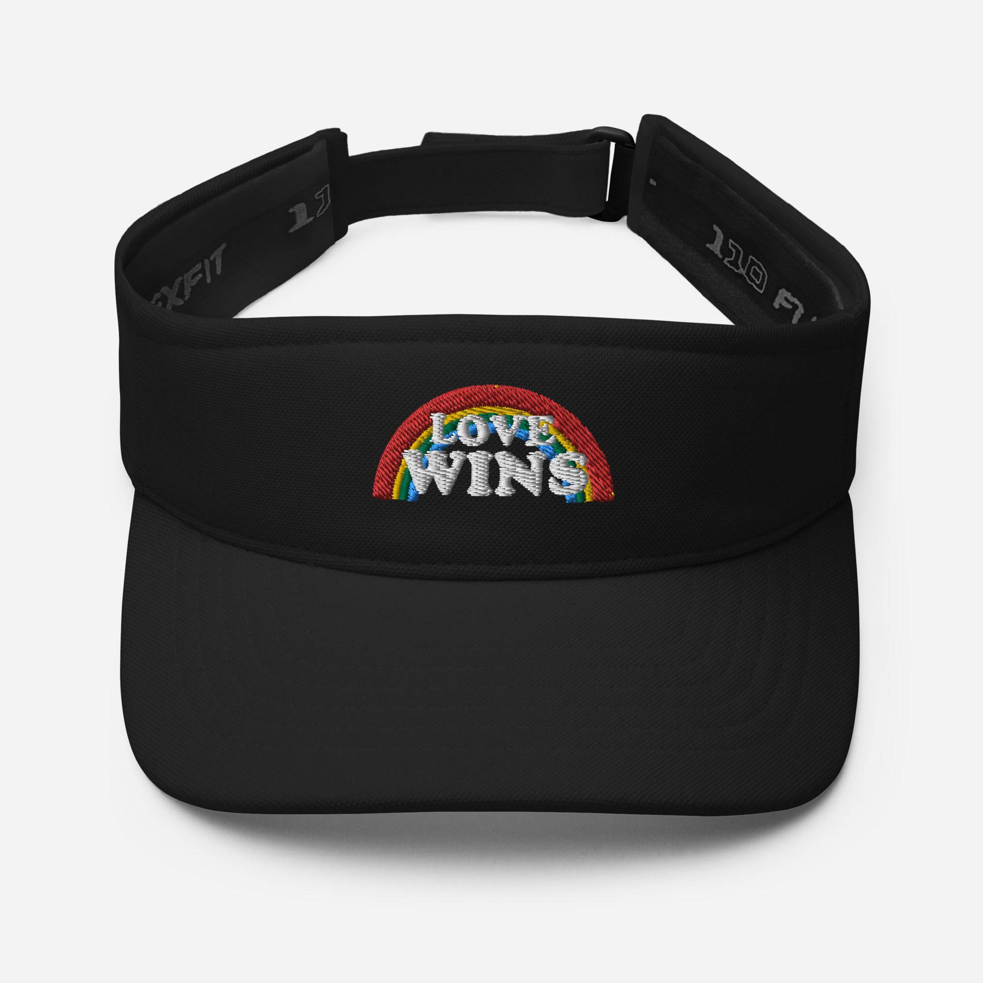 Love Wins embroidered rainbow sports visor, front — Rose Gold Co